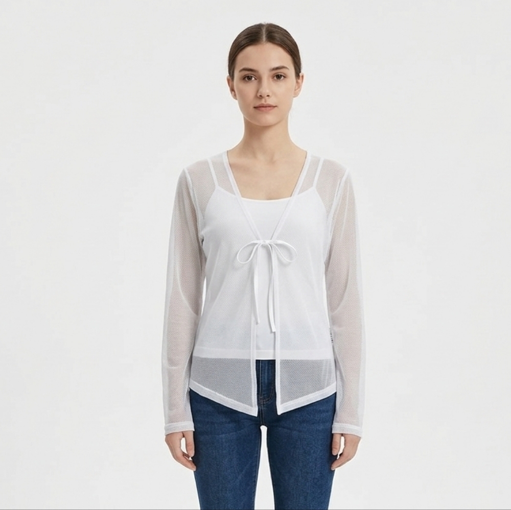 Shany Fashion White Sheer Mesh Tie Front Bolero Shrug Top L Balletcore Sheer